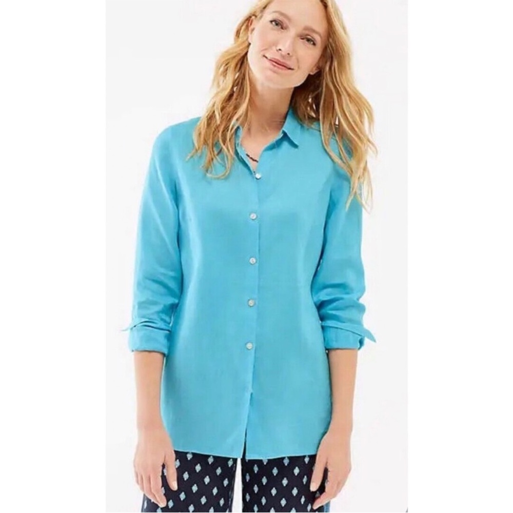 J. Jill 100% Linen Essential button up long sleeve shirt in Island Blue Small